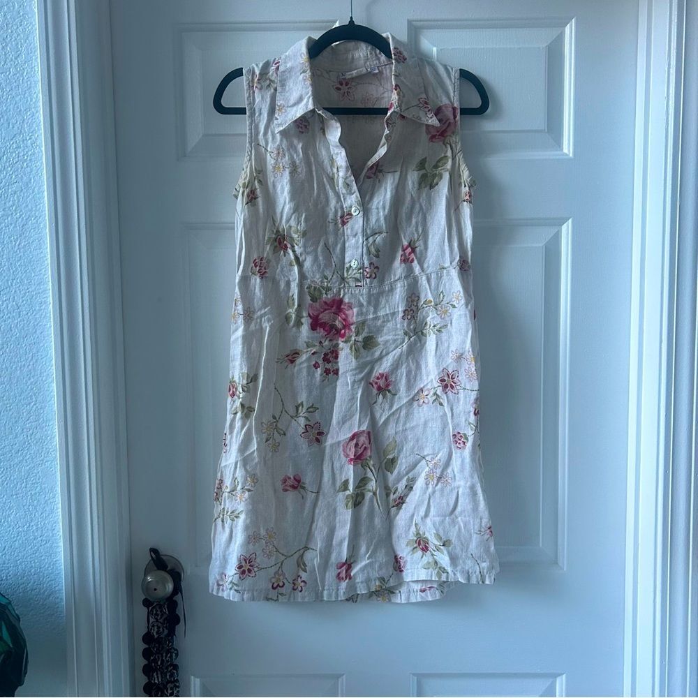 Vintage 100% Linen Dress by Match- Cream and Pink